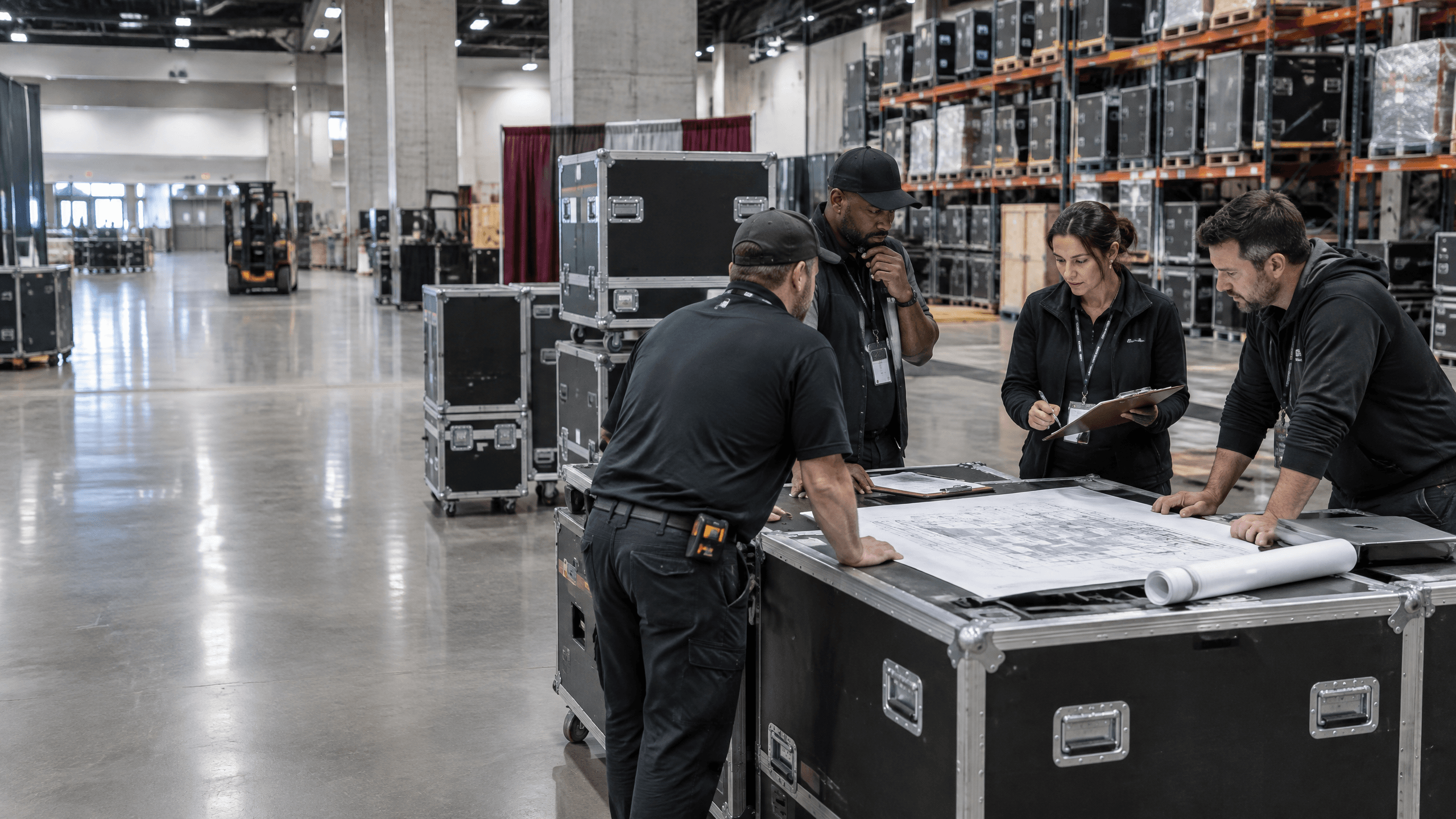 Trade show operations team reviewing a booth build plan beside road cases in a warehouse