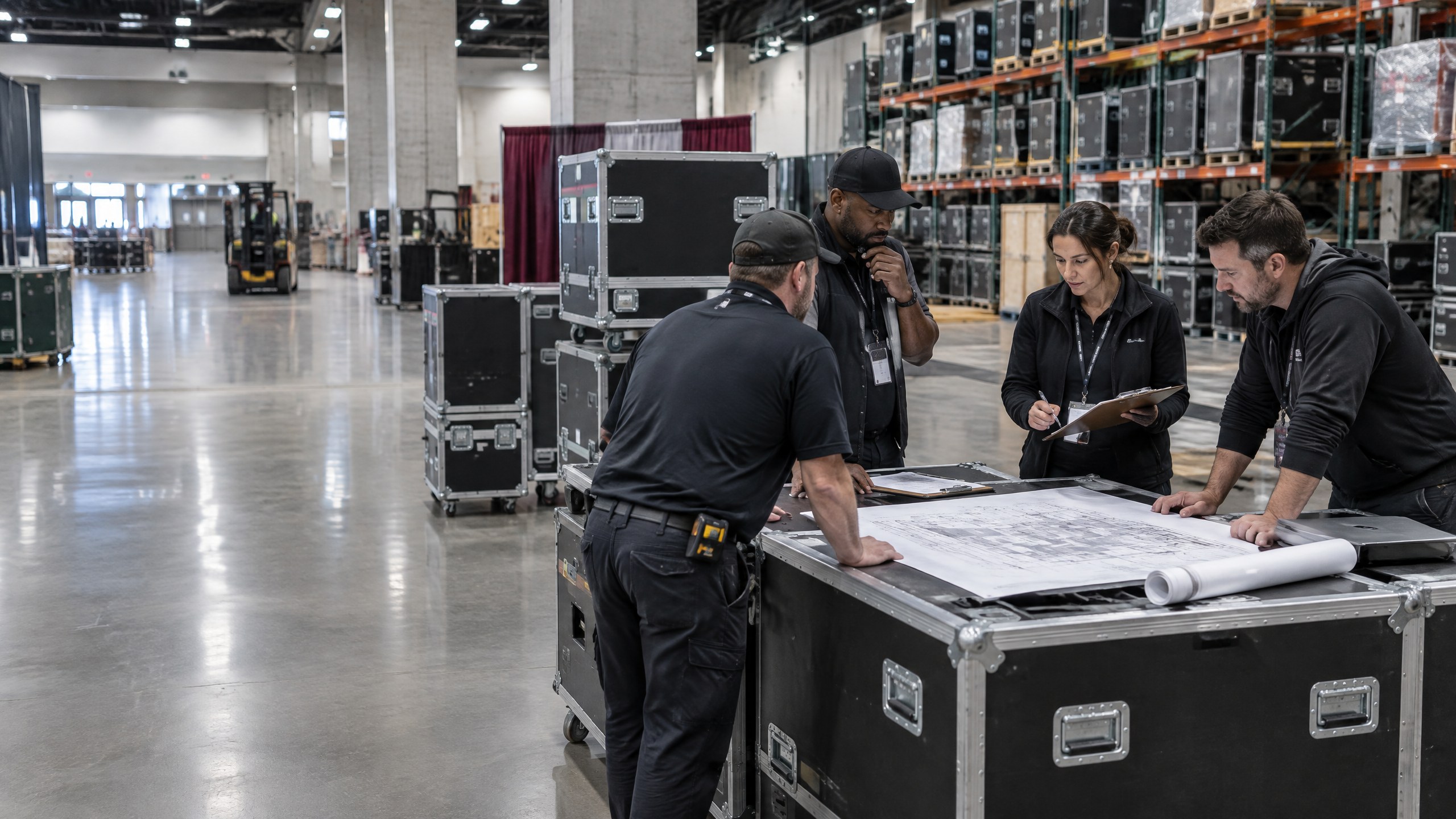Trade show operations team reviewing a booth build plan beside road cases in a warehouse