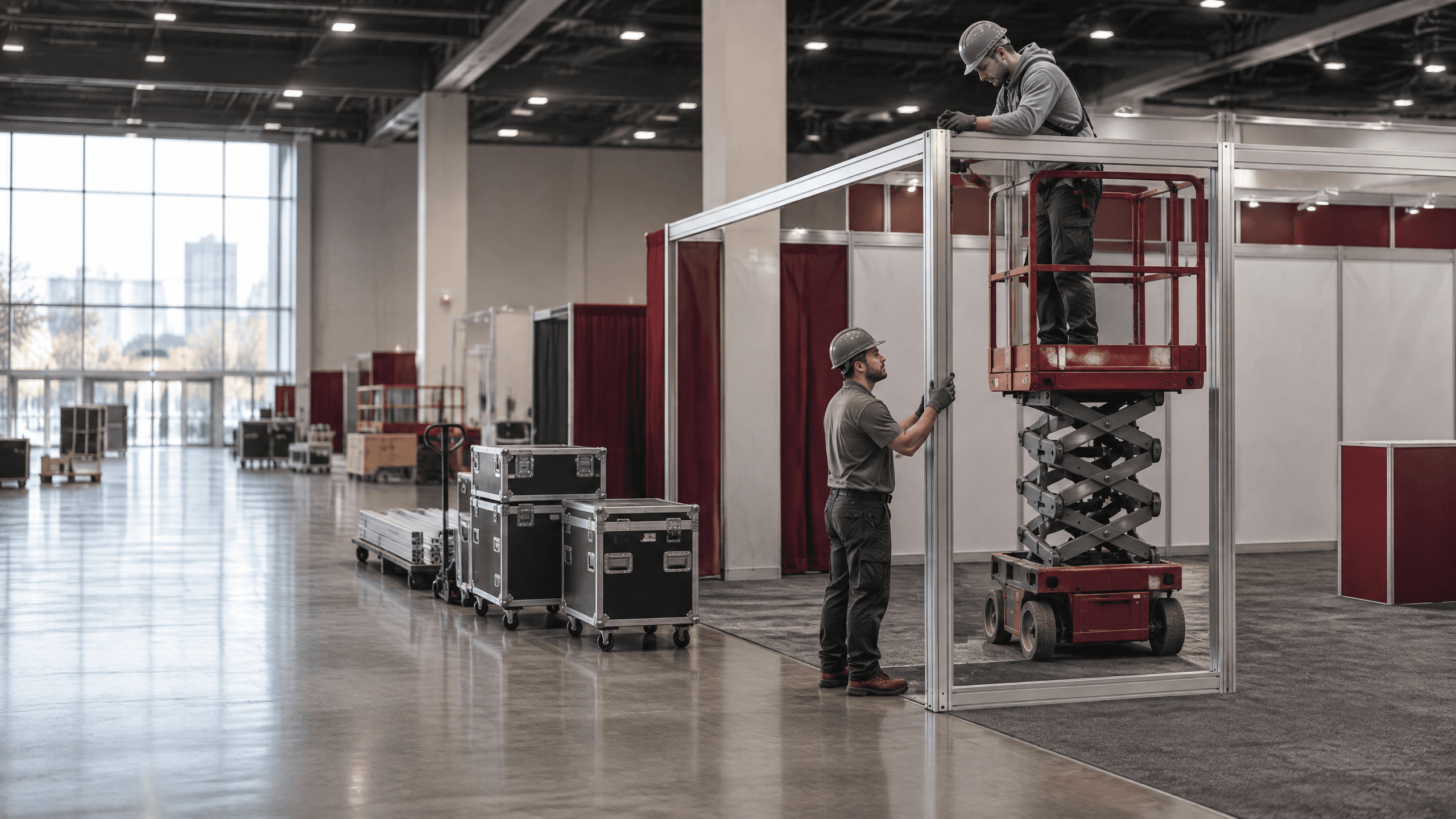 Trade show crew assembling an aluminum exhibit frame beside freight cases in a convention center