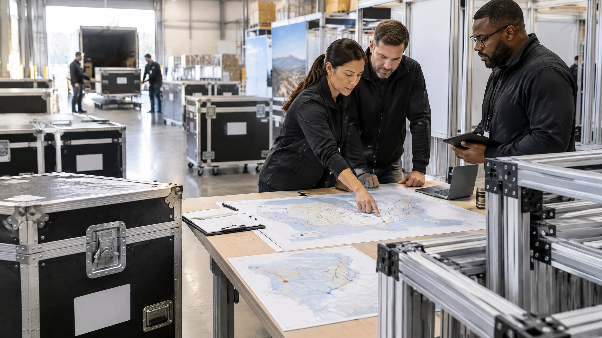 Exhibit operations team coordinating road cases and modular booth frames in a warehouse