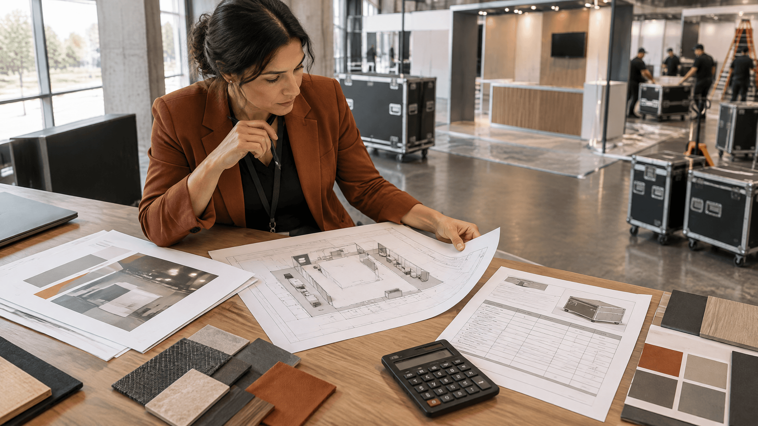 Exhibit project manager reviewing a booth floor plan, cost scope, material samples, and freight cases before a trade show