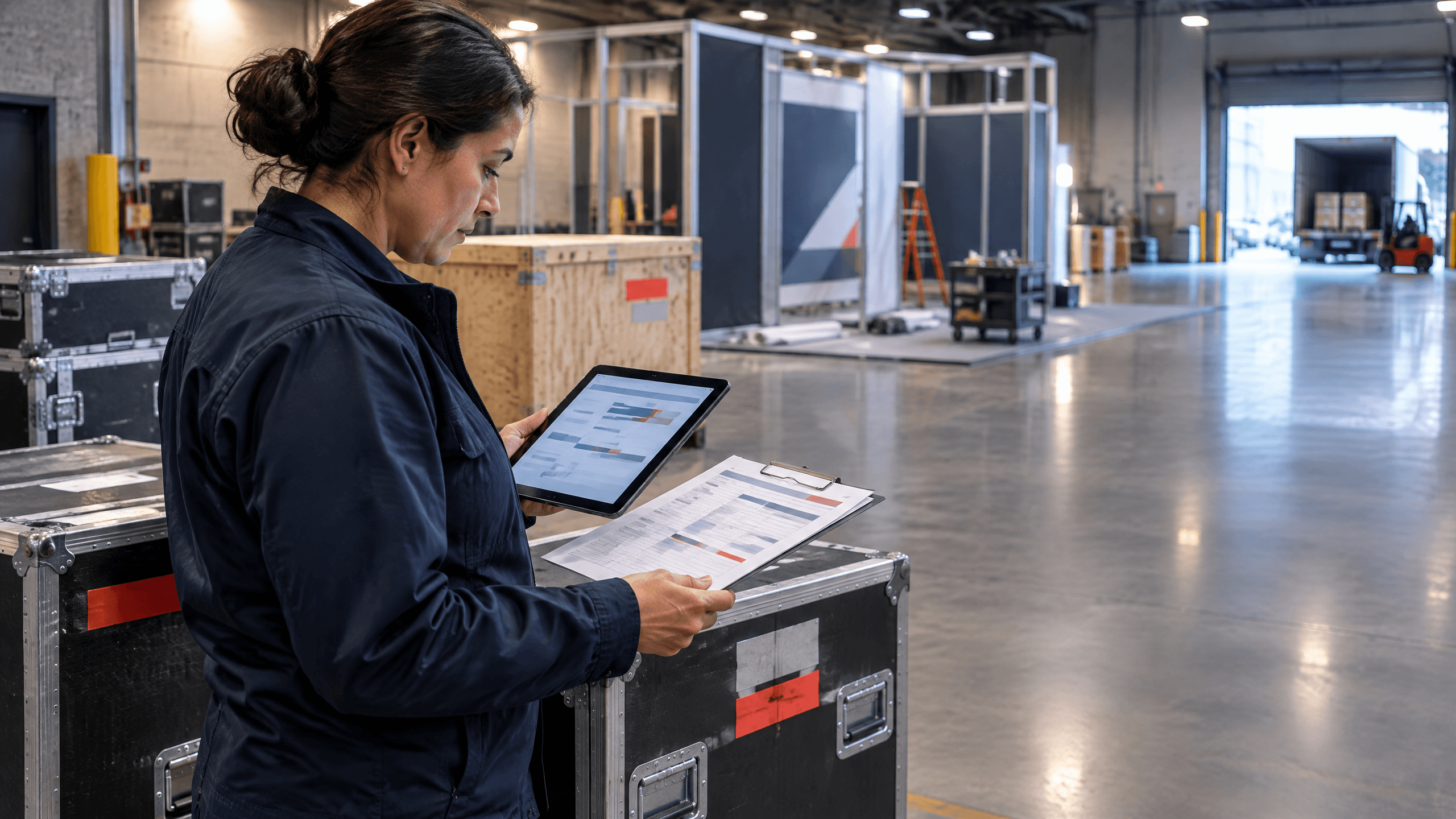 Exhibit operations manager cross-checking a logistics schedule beside freight cases in a convention center loading dock