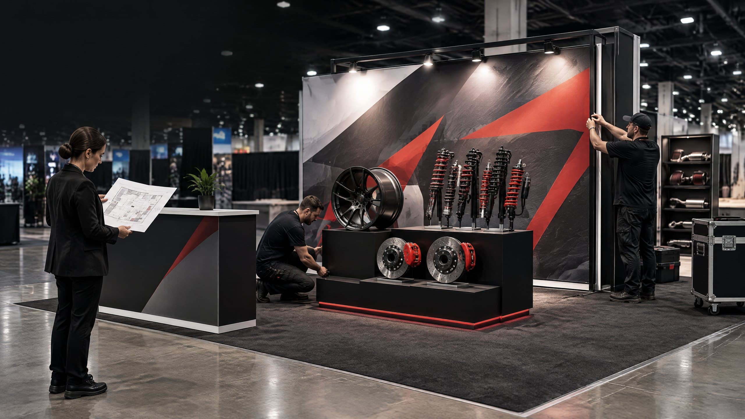 Modular automotive trade show rental booth under assembly on a convention floor